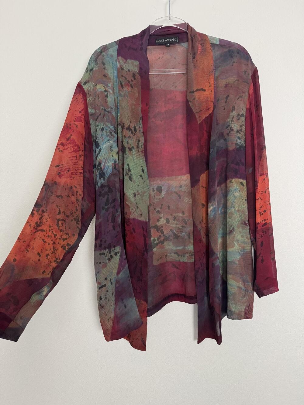 Maude Andrade Kimono Jacket Womens Medium 100% Silk Chiffon Abstract Art